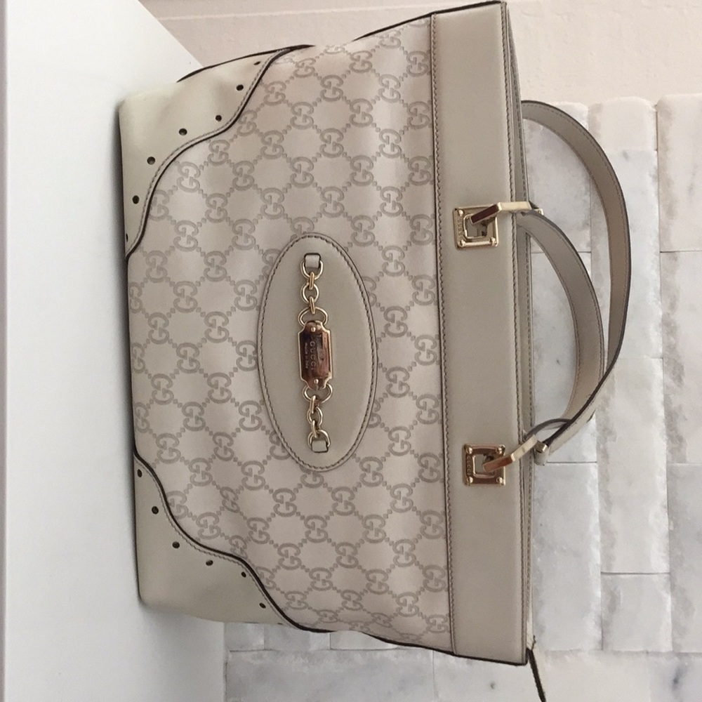 Gucci Cream Monogram Top-Handle Shoulder Bag with Gold Hardware